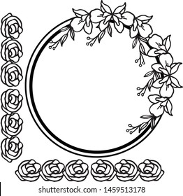 Crowd of leaves and flower frame in black and white colors. Vector