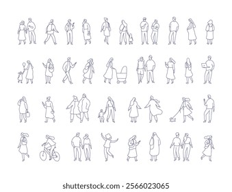 Crowd. Line art people vector bundle. Hand drawn People, male and female flat characters isolated on white background.