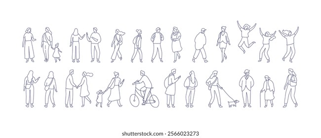 Crowd. Line art people vector bundle. Hand drawn People, male and female flat characters isolated on white background.