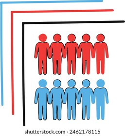 Crowd in line at red and blue barrier, suitable for concepts of waiting, queues, diversity, social distancing, event planning, crowd control.