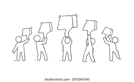 Crowd of little people with dislikes. Doodle cute miniature scene with negative messages. Hand drawn cartoon vector illustration for internet design and infographic.