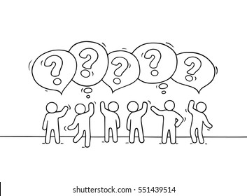 Crowd of  little people with speech bubbles. Doodle cute miniature scene with speaking people. Hand drawn cartoon vector illustration for business and internet design.