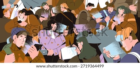 Crowd looks at screen of mobile phones. People are scrolling social networks, reading news, and surfing the Internet on smartphones. Concept of online life, device addiction. Flat vector illustration