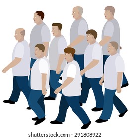 Crowd of man moving in jeans and T-shirt to the common direction