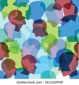  Crowd of many different people profile heads. Vector background.