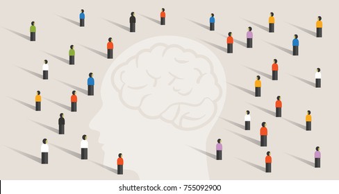crowd many people group with large head mind thinking together. intelligence wisdom brain health care memory disease