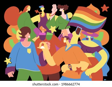 A crowd marching in a Pride parade.a trend that involves a diverse set of people, A vector illustration of a doodle