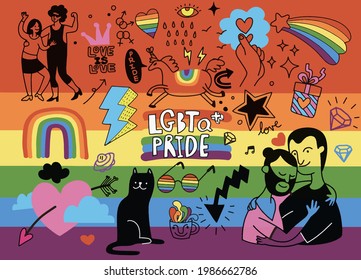 A crowd marching in a Pride parade.a trend that involves a diverse set of people, A vector illustration of a doodle