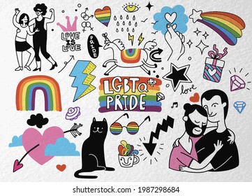 A crowd marching in a Pride parade.a trend that involves a diverse set of people, A vector illustration of a doodle