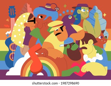 A crowd marching in a Pride parade.a trend that involves a diverse set of people, A vector illustration of a doodle