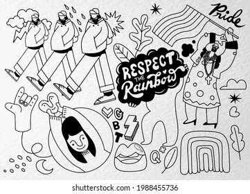 A crowd marching in a Pride parade.a trend that involves a diverse set of people, A vector illustration of a doodle