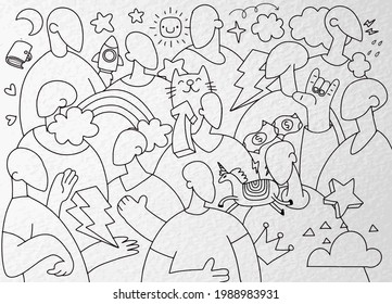 A crowd marching in a Pride parade.a trend that involves a diverse set of people, A vector illustration of a doodle