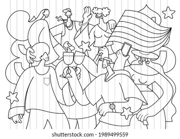 A crowd marching in a Pride parade.a trend that involves a diverse set of people, A vector illustration of a doodle