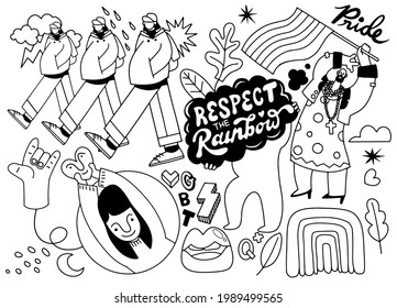 A crowd marching in a Pride parade.a trend that involves a diverse set of people, A vector illustration of a doodle