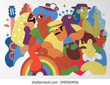 A crowd marching in a Pride parade.a trend that involves a diverse set of people, A vector illustration of a doodle