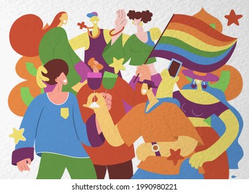 A crowd marching in a Pride parade.a trend that involves a diverse set of people, A vector illustration of a doodle