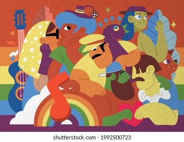 A crowd marching in a Pride parade.a trend that involves a diverse set of people, A vector illustration of a doodle