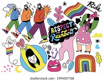 A crowd marching in a Pride parade.a trend that involves a diverse set of people, A vector illustration of a doodle