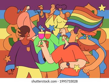 A crowd marching in a Pride parade.a trend that involves a diverse set of people, A vector illustration of a doodle