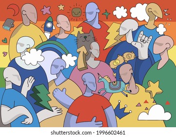 A crowd marching in a Pride parade.a trend that involves a diverse set of people, A vector illustration of a doodle