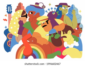 A crowd marching in a Pride parade.a trend that involves a diverse set of people, A vector illustration of a doodle