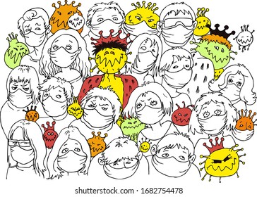 Crowd of masked people and cartoon viruses - vector illustration
