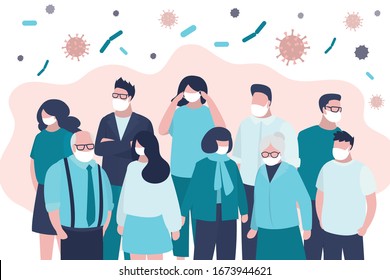 Crowd Masked People. Human Characters Put On Face Protective Masks. Protection From Viral Infection. Virus Covid-19. Disease And Epidemic Spread. Trendy Flat Vector Illustration