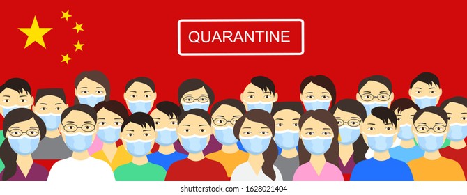 crowd of masked people on the background of the Chinese flag. Quarantine. 2019-nCoV Novel Corona virus concept banner