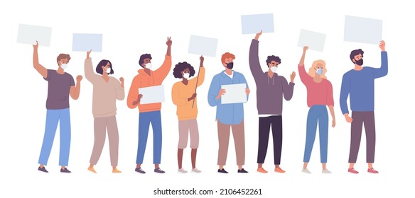 Crowd of masked people protesting with posters