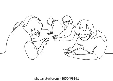 crowd of masked people are sitting staring at their gadgets. a group of people are sitting at the same table and are passionate about smartphones, they do not communicate with each other, they ignore