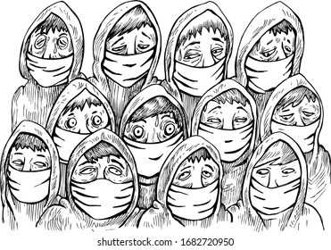 Crowd of masked people - vector hand-drawn illustration