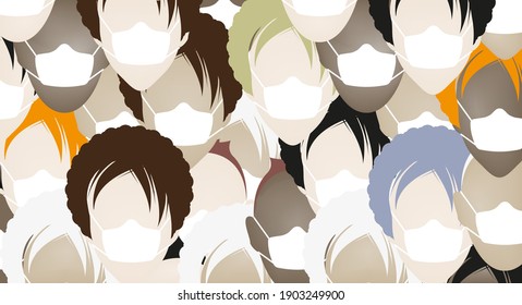 Crowd in medical masks. Flat vector illustration on a relevant topic.