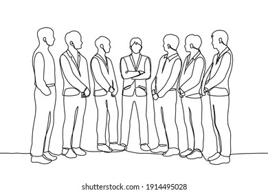 crowd of men in business suits are looking at the man in the center. one line drawing subordinates with their hands down, look at the boss confidently standing with crossed arms.