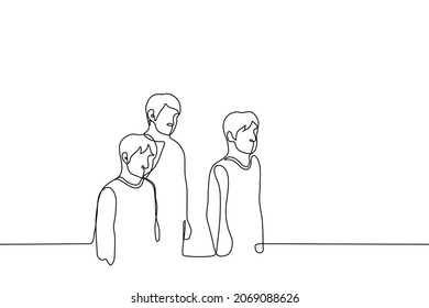 crowd of men, looks at the viewer, from below they are all standing side by side - one line drawing vector. concept society is watching you, culture of cancellation, outcast in the company of friends