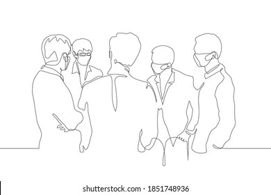 crowd of men in masks and business suits are standing in a circle and discussing something. one line drawing businessmen standing and talking