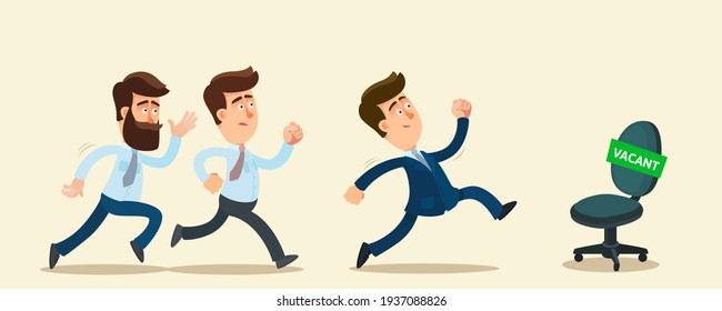 A crowd of men rush to fill a vacant position in the company. People are fighting for a better place in the company. Vector illustration, flat design, cartoon style, isolated.