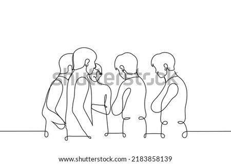 crowd of men standing in a circle with crossed arms - one line drawing vector. concept brainstorming, suspense, company of friends, partners or colleagues