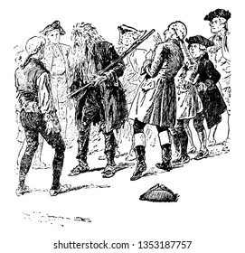 Multitud de hombres de pie y uno de ellos sostiene pistola, dibujo de línea vintage o ilustración de grabado