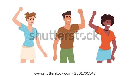 Crowd of men and women protesting and raising clenched fists. Vector isolated people on rally showing opinion and disagreement. Demonstration or revolution, civilian protesters shouting slogans