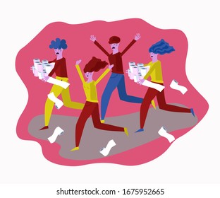 la multitud, hombres y mujeres, corren en pánico con papel higiénico, histeria masiva. Dibujado en un estilo plano. El objeto está aislado.