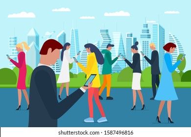 Crowd men and women walking on future city park using smartphones. Internet social network addiction concept. Millenial influencer group holding mobile gadgets on parkland. Vector illustration