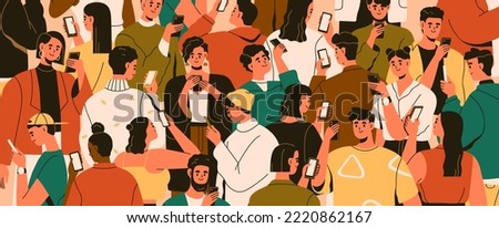 Crowd with mobile phones. Smartphone addiction problem, online life concept. Many people surfing internet, reading and scrolling social media, networks with gadgets. Colored flat vector illustration
