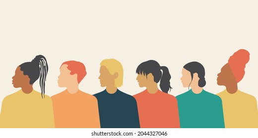 Crowd of modern women of different nationalities and religions in flat design style. The power of women and the fight for equal rights. Vector.