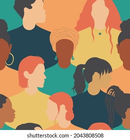 A crowd of modern women. Seamless pattern of people of different nationalities and religions in flat design style. Printing on fabrics, decorative pillows. Vector.