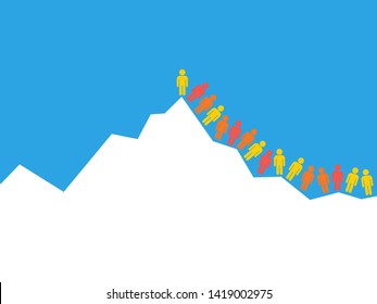 Crowd of mountain climber and mountaineers is climbing up to the top, summit and peak of mountain - metaphor of overcrowding, traffic jam and dangerous queue /line up on Mount Everest. Vector.