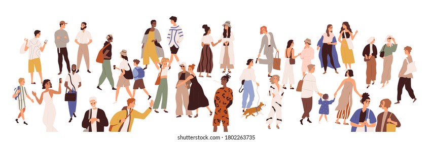 Crowd Of Multiethnic Male And Female Person Vector Flat Illustration. Diverse Various People Walking, Hugging, Talking To Each Other Isolated On White. Smiling Man, Woman, Couple And Children