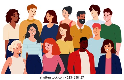 Crowd of multiethnic people. Group of talking multiracial students. Human diversity. Work team with men and women. Teamwork and democracy concept. Vector illustration isolated on white.