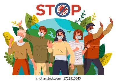 Crowd of multinational men and women protesting against world epidemic at earth background. Concept of coronavirus spreading. People show stop gesture and protesting against virus, crossed out sign