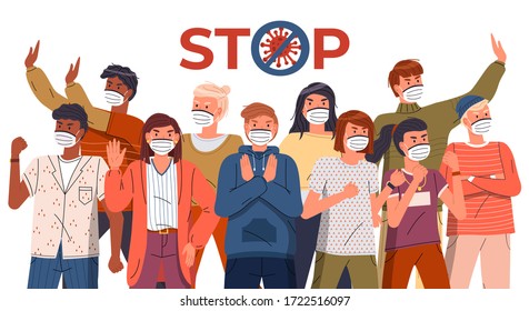 Multitud de multinacionales enfrentan máscaras médicas protestando contra la epidemia mundial. Grupo de caracteres que hacen gestos para detener los signos de propagación de virus. Concepto de covid19. Detengan el gesto, tachen la señal