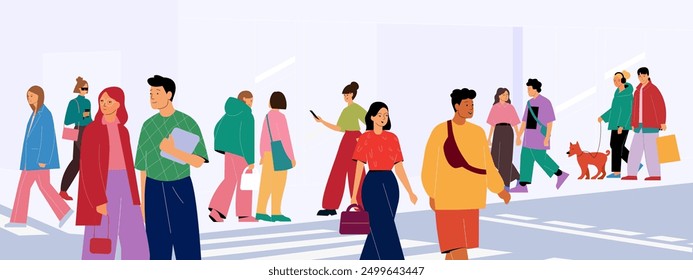 Crowd of multinational people walking in the street.
Young men and women walking in the city. Student city. Vector illustration